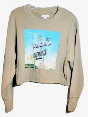 Colsie Crop Top Sweatshirt XS Oversized Tan Graphic Print Long Sleeve Fleece